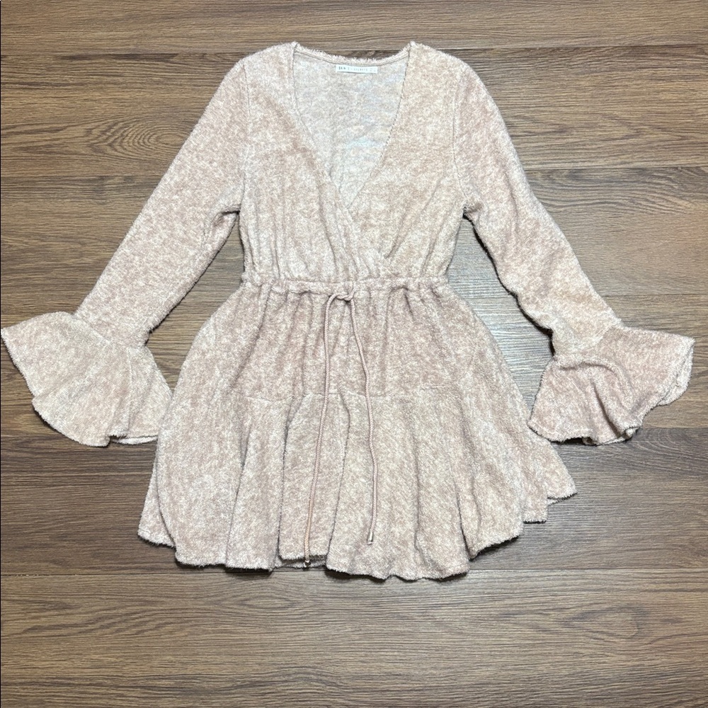 Saints + Secrets Pinkish Beige Knit Wrap Dress with Flared Sleeves